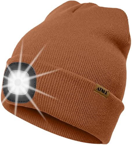 ATNKE LED Beleuchtete Mütze mit Licht,Wiederaufladbare USB 4 LED Beleuchtete Laufmütze Extrem Heller Lampe Winter Warme Stricken Mütze Technik Geschenke für Herren und Damen