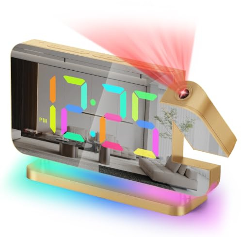 Poeroa Projection Alarm Clock for Bedroom,7.4 LED Mirror Digital Clock Large Display,with RGB Night Light,180° Rotatable Projector,USB C Port,Auto Dimmer, Loud Desk Clock for Heavy Sleeper - Gold