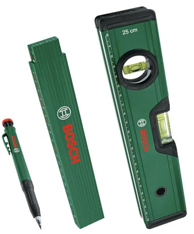 Bosch Marking Set (Precise Alignment and Marking with Spirit Level 25cm, Folding Ruler 2m and Deep Hole Marker Pencil)