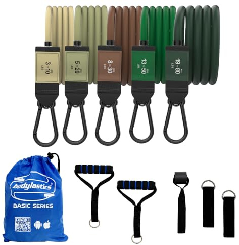 Bodylastics Basic Series Widerstandsband-Set, Widerstandsbänder, Griffe, Knöchelriemen, Türanker, Tragetasche, robuste Übungsbänder, patentierte Clips und Schnappreduzierungstechnologie (4,5–90,7 kg,