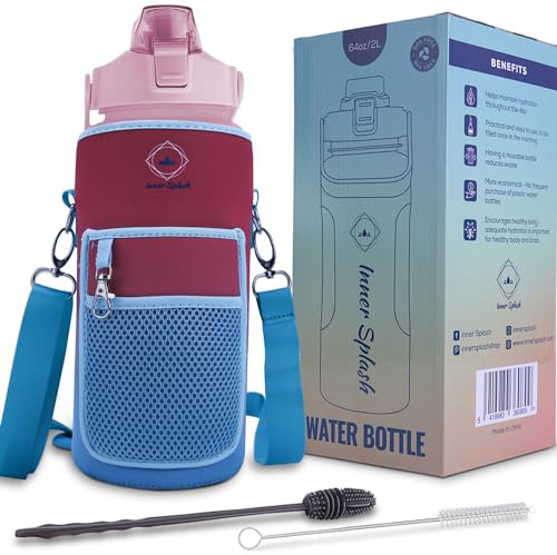 Inner Splash Trinkflasche 2 Liter – mit Skala mit Strohhalm, auslaufsicherer Verschluss, Tragetasche, motivierende Botschaften | 2 Reinigungsbürsten | Tritan BPA-frei, 314 g, Höhe: 29 cm