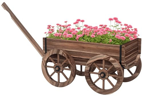 Outsunny Jardinera de Madera Macetero Exterior en Forma de Carrito con 4 Ruedas y Mango para Balcón Jardín Patio 120x41x54 cm Carbonizado
