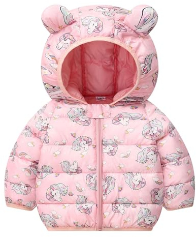 JiAmy Giacca invernale bambino con cappuccio, leggera, trapuntata, da 6 mesi a 5 anni, rosa pallido, 3-4 Anni