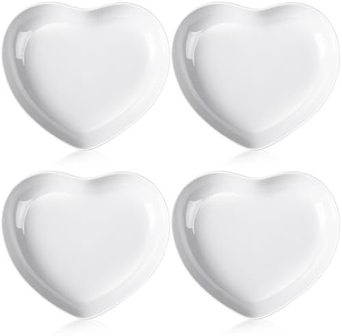 Tioncy 4 Pcs Ceramic Heart Shaped Plates 9 Inches Porcelain Heart Bowls Cute Plates Dinner Dishes for Dessert Salad Appetizer Valentine's Day Party Supplies(White)