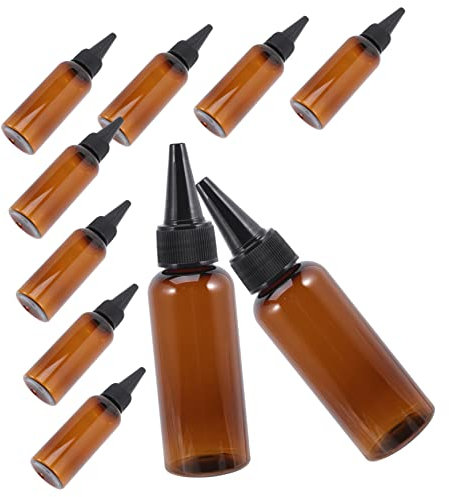 FRCOLOR 10pcs 50ml Hair Dye Applicator Bottles Pet Plastic Refillable Squeeze Oil Bottles Caps Brown Round Shoulder and Black Precision Nozzle for Hair Coloring and Salon Use