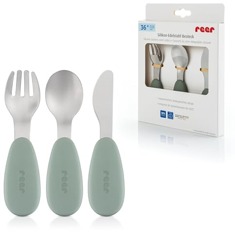 reer Posate in silicone in acciaio inox | 3 pezzi | per neonati e bambini | design ergonomico e adatto ai bambini | silicone alimentare | punte in acciaio inox | lavabile in lavastoviglie |
