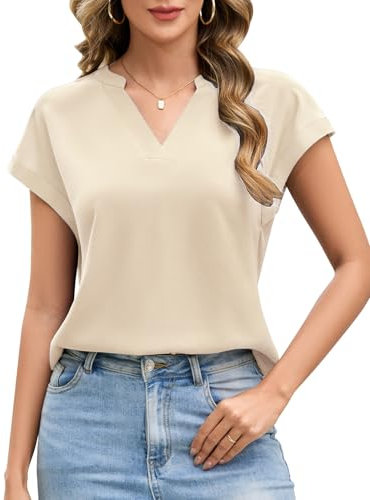 UMIPUBO Womens Blouse Summer V Neck Blouse Short Sleeve Tops Casual Loose Fit T Shirts Elegant Tunic Top Plus Size Tee Shirt for Ladies Work Vacation (Apricot, M)