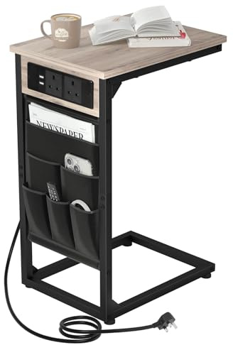 AMHANCIBLE C-Shaped Side Table, Side Table with Charging Station