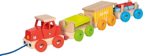 goki 55841 – Güterzug GK-Rail – großer Spielzug aus Holz mit Lok, 3 Waggons und Ladung, zum Beladen und Ziehen, ca. 55 cm lang