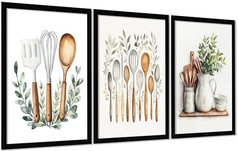 Nacnic Set De 3 Cuadros Utensilios Y Herramientas De Cocina Póster En Acuarela Con Ilustración Impresa Para Decorar Las Paredes De Cocina, Despensa, Comedor, Restaurante A4 Marco Negro