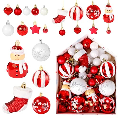 72er Pack Weihnachtskugeln rot, Christbaumkugeln Kunststoff in Rot und Weiß, Klassische Christbaumschmuck rot, bruchsicher, Weihnachtsbaumschmuck für drinnen und draußen