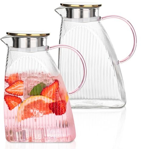 Große 1,8L Glas-Karaffen im 2er-Set mit rosa Griff - Hochwertige Borosilikat-Karaffen mit dichtschließendem Verschluss, ideal für Wasser, Fruchtgetränke, Tee,Premium Glasbehälter