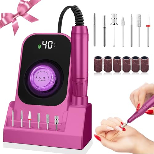 Torno Para uñas Profesiona 40000 RPM, Drill Para uñas Profesional 40 velocidades Con cabezales de molienda, torno de uñas profesional en casa y salón torno recargable (Purple)