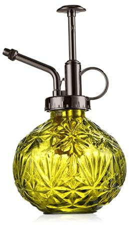 KoGiio Pflanzen Glas Sprühflasche, 240ml Retro Relief Pflanzensprüher mit Pumpe, Blumen Zerstäuber Drucksprüher für Balkon Kleiner Gartenpflanzen Indoor Haus Oder Büro Gelb Grün + Bronze Sprühkopf
