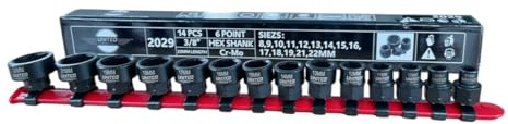 Shallow Impact Socket Set Hex Shank Design, 3/8-inch Drive, 14-Piece, 8-22mm, 6-Point.