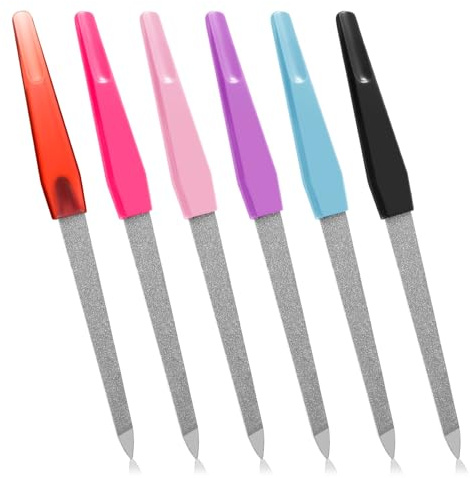 Piriuuo 6 Pcs Fingernail Files for Women, 6 Inch Metal Nail Files Stainless Steel Sword Nail File with Sharp Pointed Tip and Non Slip Handle Colorful Diamond Deb Toenail File for Natural Nails