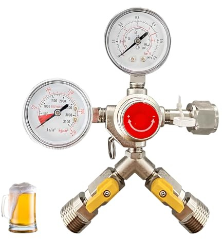 Reductor de Presión, Dióxido de Carbono Reductor de Presión de Latón con Manómetros Dobles Válvula Dispensadora de Cerveza con Rosca de Entrada W 21.8 Rosca Derecha de 1/14 y Rosca Exterior G3/4