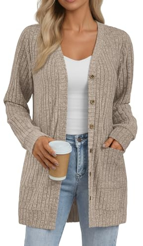 AUTOMET Women Long Cardigan Sweater Fall Lightweight Outfit Chunky 2026 Button Up Clothes with Pocket Coat Trendy Fashion Khaki L