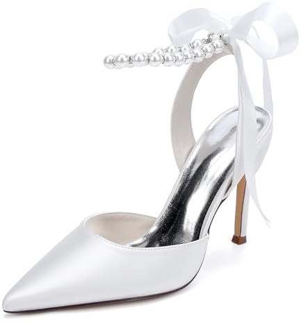 HFWXYSA Avorio Scarpe da Sposa Perle A Punta Décolleté con Tacco Alto Scarpe da Matrimonio Feste con Cinturino alla Caviglia,Bianca,41 EU