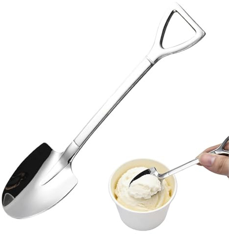 Stainless Steel Creative Shovel Spoon, Household Dessert Coffee Ice Cream Spoon, Non-Slip Long Handle with Hanging Hole Design