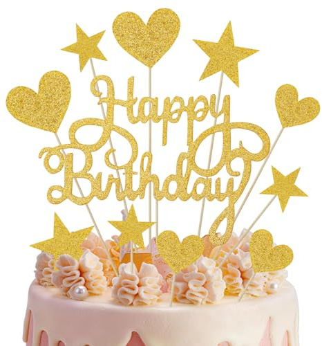 AYBUY Gold Cake Decoration, Happy Birthday Cake Toppers | Birthday Decor, Glitter Stars Heart Cakes Decorations, Reusable Party Supplies, for Men, Women, Boys & Girls