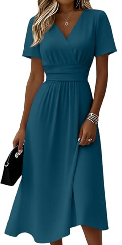 Kleider Damen Sommer Lang Tailliert Sommerkleid Damen Elegant Midi A Linie Kleid V Ausschnitt Midikleid Festlich Hohe Taille Sommerkleider Leicht Und Luftig Strandkleid Kurzarm Midikleider