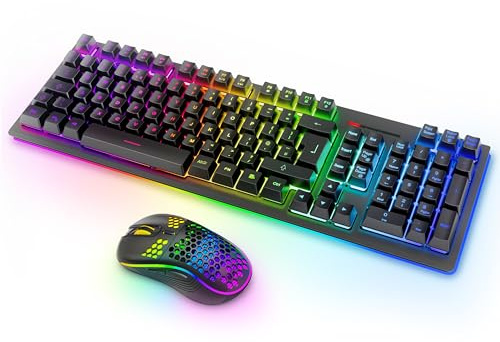 Wireless Keyboard and Mouse RGB Backlit Combo, MOOJAY Rechargeable | 2.4G Light Up Cordless Gaming Keyboard with Ergonomic Wireless Wired Dual Mode Mice Set, for PC/Laptop/Windows/Mac - Black