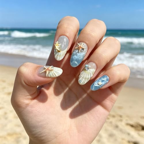 Higijapuf 30 Stück Press on Nails Sommer, Nägel zum Aufkleben Almond Medium, Fake Nails French in Blau mit Meeres Design, 3D Cat Eye Kunstnägel für Maniküre und Alltag