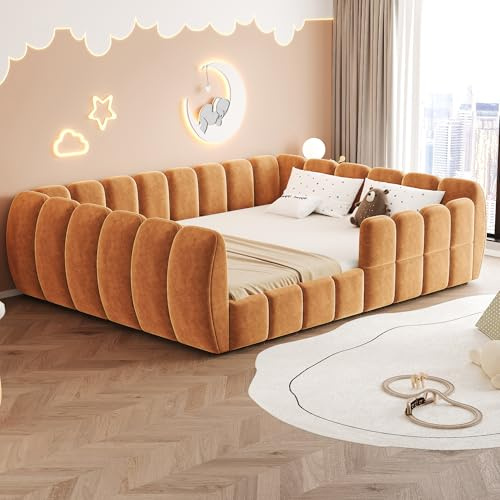 Moimhear Gepolstertes Bodenbett, Einzelbett, Samtbezug, komplett geschlossenes Design, abgerundete Ecken, geeignet für Jugendzimmer, Ohne Matratze (Orange, 140x200cm)