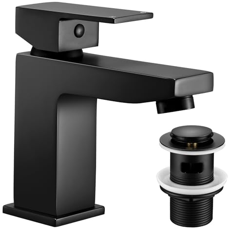 Hapilife Matt Black Basin Mixer Tap with Slotted Pop Up Waste, Square Solid Brass Bathroom Sink Mixer Tap with Drain, Single Lever Cloakroom Faucet Monobloc Modern Washbasin Tap