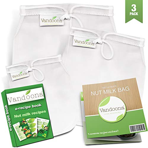 Vandoona Nut Milk Bag – Large 12x12 Reusable Premium Mesh Strainer Bag| Cheesecloth Bag for Filtering & Straining Almond Milk| Cheese| Yogurt| Juices & More. 3 Pack (1 Large, 1 Medium, 1 Small)