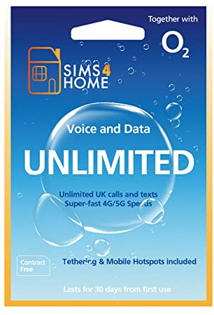 O2 Sim Card Preloaded with UNLIMITED UK Calls, Texts & 4G/5G Data. (Valid for 30 days). No Contracts, No Commitments, No Credit Checks, No Tie-ins, No Personal ID. Simple to renew