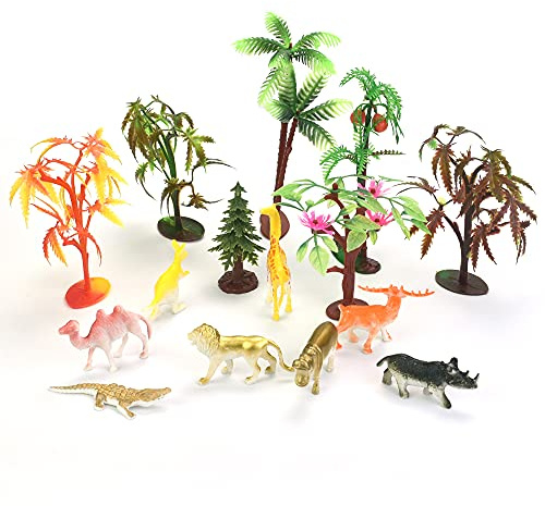 GIRAFEDA 26 Pcs Décoration Gâteau Animale/Plante Palmier Miniature Non-toxique Décoration Patisserie en PU Arbre Miniature Vif Décoration Cupcake Decoration Gateau Jungle pour Déco Cupcake Gâteau