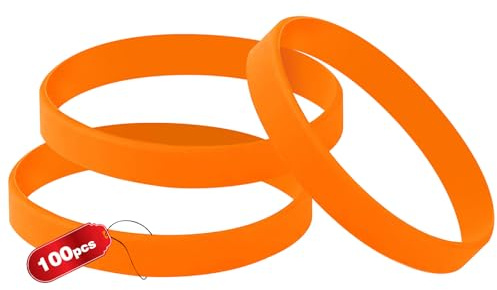 THXIY 100 Piezas Pulseras de Silicona, 6.3'' Pulseras Elásticas Goma para Niños Niñas Adolescentes Hombres Mujeres Deporte, Eventos o Regalos DIY Fiestas Naranja