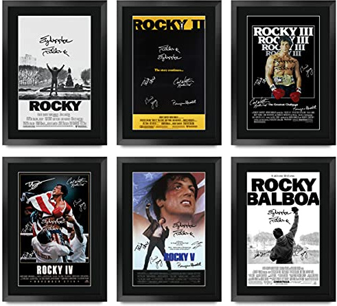 HWC Trading FR A3, Raccolta delle stampe delle locandine di Rocky autografate da Sylvester Stallone, incorniciata, formato A3, per fan e collezionisti appassionati del film