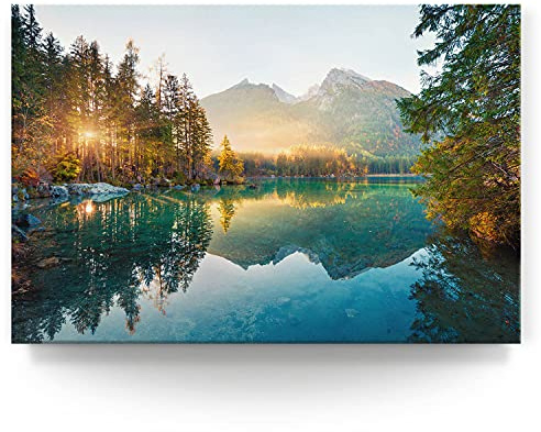BilderKing Wandbild Wasserfall Hintersee Bayern - 90cm x 60cm Leinwand auf Fertigrahmen + Aufhänger
