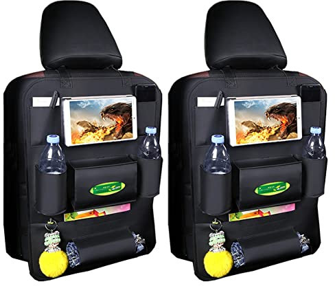 通用 OuLi Store® Auto Rückenlehnenschutz PU, Auto Rücksitz Organizer für Kinder, Große Taschen und iPad-/Tablet-Fach, Wasserdicht Autositzschoner, Kick-Matten-Schutz für Autositz (Negro-2PCS)