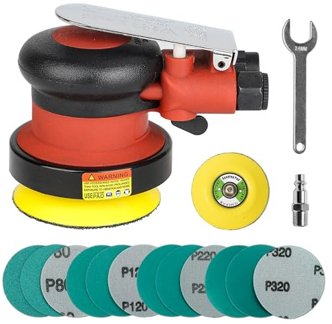 3 inch Mini Palm Air Sander, 3/32 Orbit, MAX12,000 RPM, Random Orbital Pneumatic Polisher with 12 sandpapers and 1 extra hook-loop backing pad (3inch)