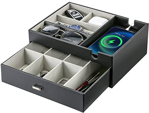 ProCase Bandeja de Valet de Doble Capa Organizador de Mesita de Noche para Hombre, Caja de Almacenaje para Llaves Reloj y Accesorio con Estación de Carga de Teléfono en Mesa de Entrada -Negro