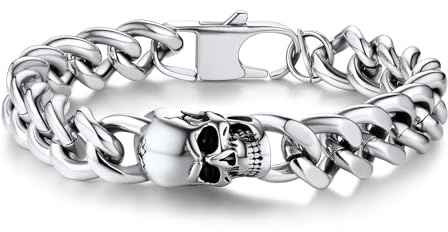 Bandmax Totenkopf Armband für Herren Männer Panzerkette-Armband Edelstahl Schädel Skelett Armbänder Panzer Gliederarmband Länge 19/21/23 CM Punk Armkette Armreif Schmuck für Vater Freund