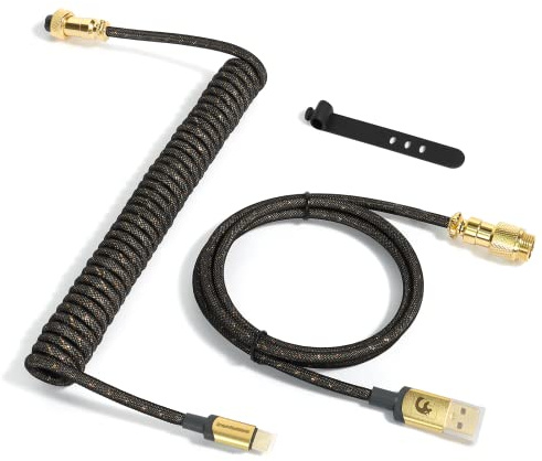 XINMENG C03 Custom Coiled Gaming Keyboard Cable, USB-C to USB-A geflochtenes mechanisches Tastaturkabel, goldfarbenes, abnehmbares Metall-Flieger-Doppelmantelkabel für Gaming-Tastatur/Mac/Win