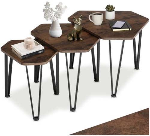 tectake® Juego de 3 Mesas Auxiliares, Ideales como Muebles, Mesa de Centro o Mesa Auxiliar Salon, Mesitas de Noche, Decoracion Hogar - 58,7 x 52 x 45,5 cm Madera Industrial Oscura, Rústica