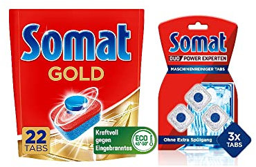 Somat Gold Spülmaschinen Tabs (22 Tabs), strahlend sauberes Geschirr, Extra-Kraft gegen Eingebranntes & Somat Maschinenreiniger Tabs Anti-Kalk (3 WL),monatlichen Gebrauch, kein extra Spülgang