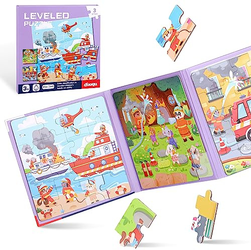 Kinderpuzzle Magnet,16-20-25 Teile Magnete Puzzlebuchen für Kinder, Magnetische Puzzle Beschäftigung für Kleinkind 4 5 6 Jahren im Flugzeug, Autospiele (Feuerwehr Schwierigkeitsgrade-Stufe 3)