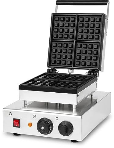 VERTES Máquina para hacer gofres belgas, 4 gofres belgas a la vez, 80 piezas/h, ajustable 0-300°C, temporizador, antiadherente, gofres belgas 1600W, placa de hierro fundido, cuerpo de acero inoxidable