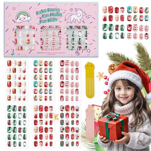 SeseBee 144 Pcs Weihnachten Kinder falsche Nägel, lustige Weihnachtsmann Design Presse auf Nägel Kinder Nagel Urlaub Kunst Dekoration, schöne Weihnachten Geschenke für Nagel DIY