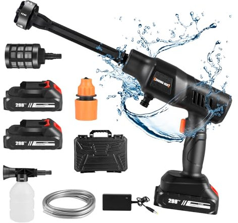 Cordless Pressure Washer, 6 in 1 nozzle portable jet wash with 2 Pack 10000mah Rechargeable Battery/Soap Dispensing Bottle/Hose, High Pressure Washer Gun for Car Garden Floor Cleaning