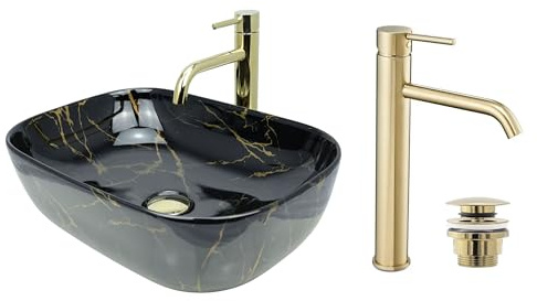GTM Design Aufsatzwaschbecken Glanz Set mit Waschtischbatterie und Stopfen - Aufsatzwaschbecken Oval für Badezimmer - Modern Waschbecken ohne Hahnloch - Waschbecken mit Armature - Modell 4