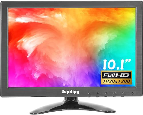 Suprlipy 10 Zoll FHD Small IPS Monitor LCD Display Bildschirm 1920x1200 60Hz 16:10 mit BNC VGA AV Eingang Eingebaute Lautsprecher für CCTV Sicherheitskamera DVR PC STB Spielkonsole