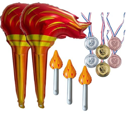 SSKHE Juegos de antorchas inflables y medallas metálicas, 4 Juegos de antorchas inflables y 6 Juegos de medallas metálicas, los Juegos decoran los Juegos